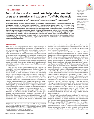 Subscriptions and external links help drive resentful users to alternative and extremist YouTube channels