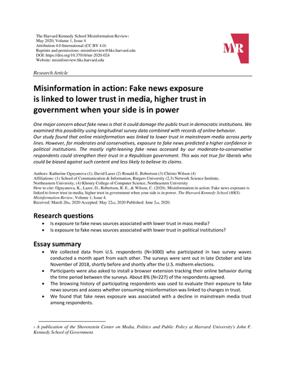 Misinformation in action: Fake news exposure is linked to lower trust in media, higher trust in government when your side is in power