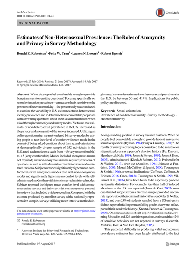 Estimates of non-heterosexual prevalence: The roles of anonymity and privacy in survey methodology